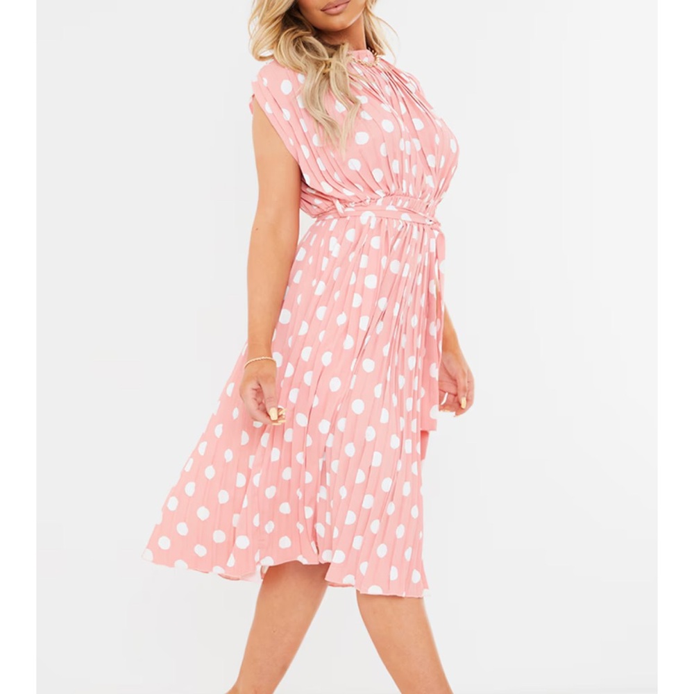Dusty Pink Polka Dot Pleated Sleeveless Midi Dress